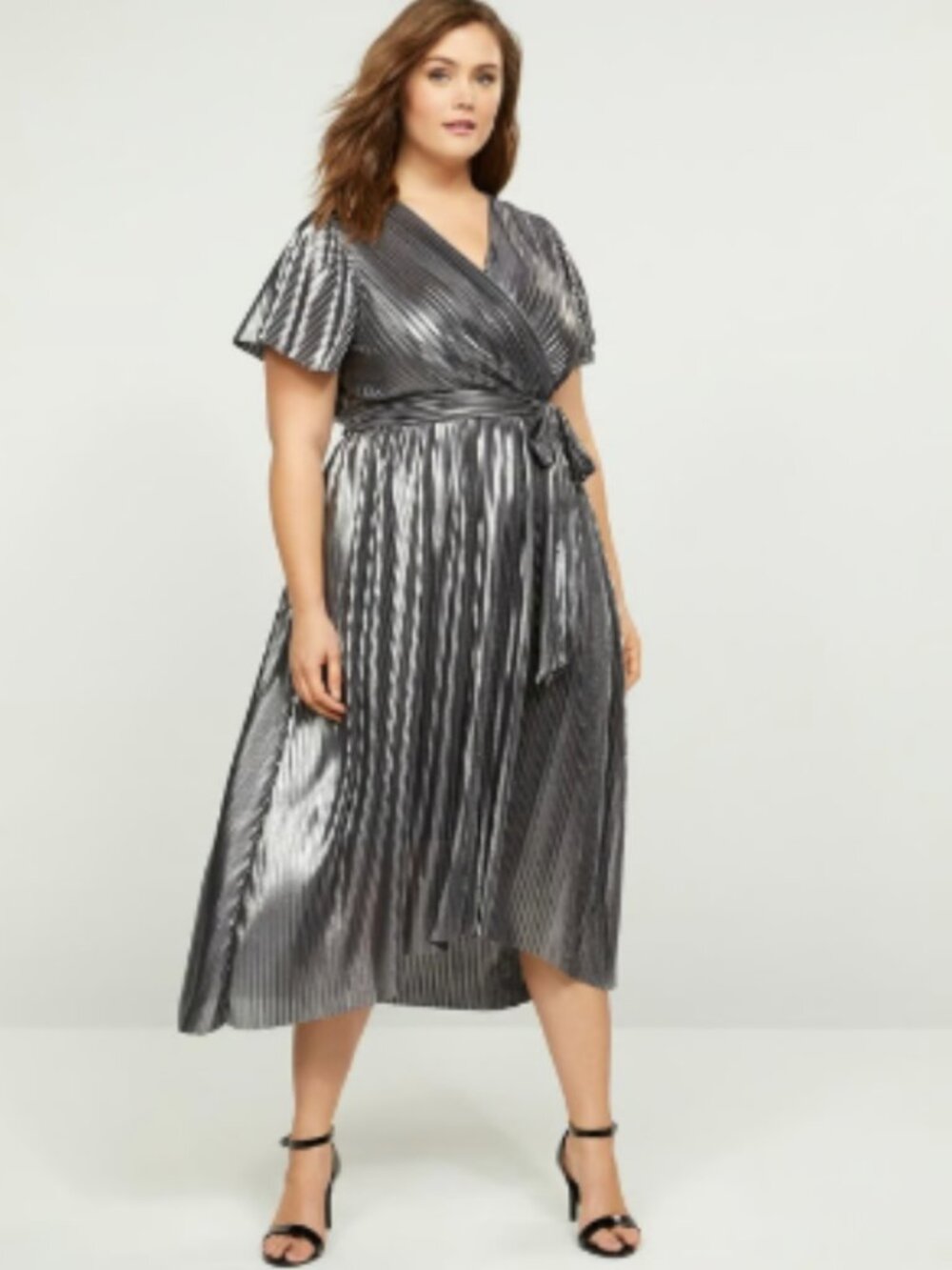 Lane Bryant Metallic Faux Wrap Pleated High Low Dress Size 24 Like New